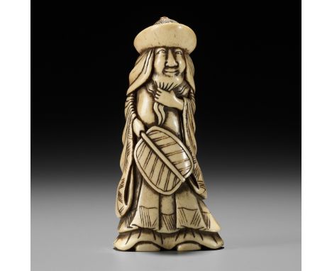 AN ANTLER NETSUKE OF A DUTCHMANUnsignedJapan, 18th century, Edo period (1615-1868)Carved from a hollow triangular branch of a