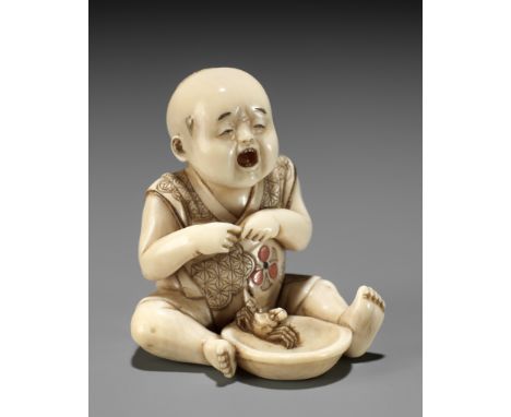 GYOKUSUI: AN AMUSING IVORY NETSUKE OF A CRYING INFANT AND CRABBy Gyokusui, signed Gyokusui 玉翠Japan, Tokyo, late 19th century,