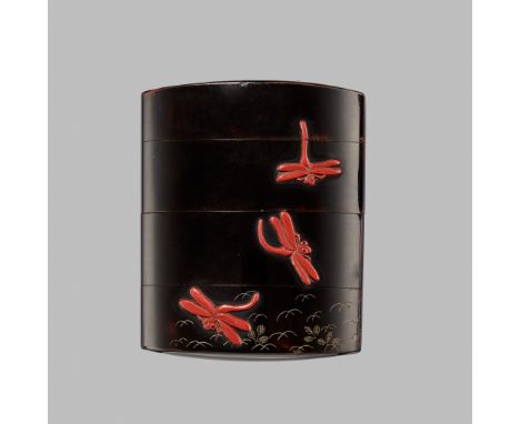 YOSEI: A FINE TSUISHU AND MITSUDA INLAID THREE-CASE LACQUER INRO WITH BUFFALO AND DRAGONFLIESBy Tsuishu Yosei, signed Yosei 楊