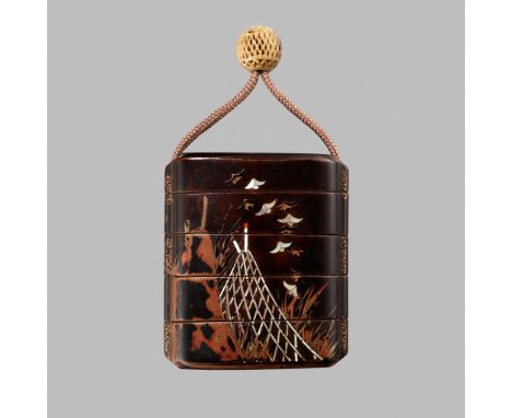 A FINE FOUR-CASE INRO DEPICTING BIRDS IN FLIGHT ABOVE NETS AND FISH TRAPSUnsignedJapan, late 17th to early 18th century, Edo 