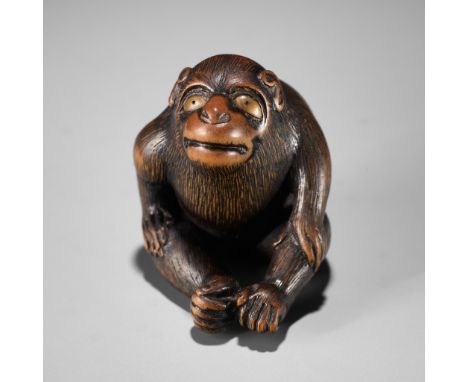 TOYOKAZU: A SUPERB WOOD NETSUKE OF A SEATED MONKEYBy Shugasai Toyokazu, signed Toyokazu 豊一Japan, Sasayama, Tanba province, mi