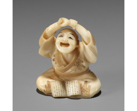 AKISHIGE: A FINE TOKYO SCHOOL IVORY NETSUKE OF A STRETCHING MANBy Akishige, signed Akishige 明重Japan, Tokyo, Meiji period (186