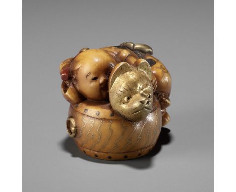 MASATAMI: A CHARMING LACQUERED IVORY NETSUKE OF A BOY CLIMBING ATOP A DRUMBy Masatami, signed Masatami 正民Japan, Tokyo, Meiji 