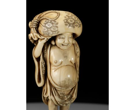 MASANAO: A SUPERB IVORY NETSUKE OF HOTEI WITH A TREASURE BAGBy Masanao, signed Masanao 正直Japan, Kyoto, late 18th century, Edo