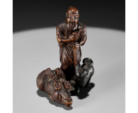 A FINE WOOD AND EBONY NETSUKE OF A HUNTER AND DOG WITH A SUBDUED BOARBy Genryusai Minkoku, signed Minkoku 民谷Japan, Edo (Tokyo
