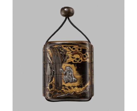 AN INLAID FOUR-CASE LACQUER INRO DEPICTING KYOYU AND SOFUUnsignedJapan, 17th century, Edo period (1615-1868)Of rectangular fo