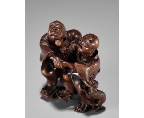 AN AMUSING WOOD NETSUKE OF TWO FIGHTING BLIND MEN AND A HOUNDBy Taketomo, signed Taketomo 竹友 Japan, mid-19th century, Edo per