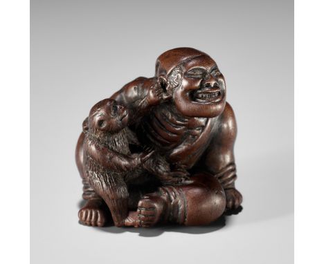 MIWA: AN AMUSING WOOD NETSUKE OF A SARUMAWASHI (MONKEY TRAINER)By Miwa, signed Miwa 三輪Japan, Edo (Tokyo), c. 1800, Edo period