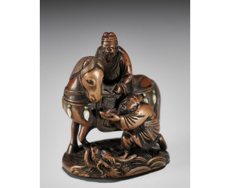 SHUZAN YASUSADA: A SUPERB WOOD NETSUKE OF CHORYO AND KOSEKIKOBy Shuzan Yasusada, signed Shuzan Yasusada 秋山安定 saku 作Japan, Ech