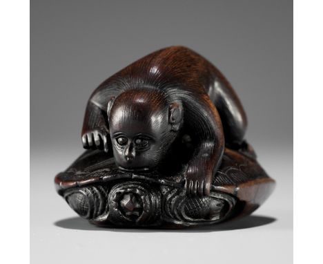 MASAKAZU: A SUPERB WOOD NETSUKE OF A MONKEY AND TORTOISEBy Masakazu, signed Masakazu正一Japan, Nagoya or Gifu, 19th century, Ed