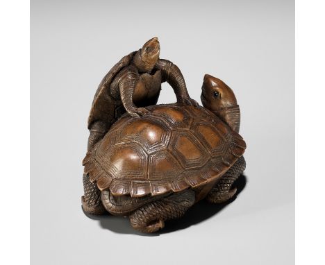 A WOOD NETSUKE OF TWO TORTOISESUnsignedJapan, 19th century, Edo period (1615-1868)Finely carved as a large tortoise stretchin