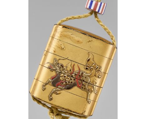 A GOLD LACQUER FOUR-CASE INRO DEPICTING A KIRIN AND HO-O BIRDUnsignedJapan, 17th-18th century, Edo period (1615-1868)Of uprig