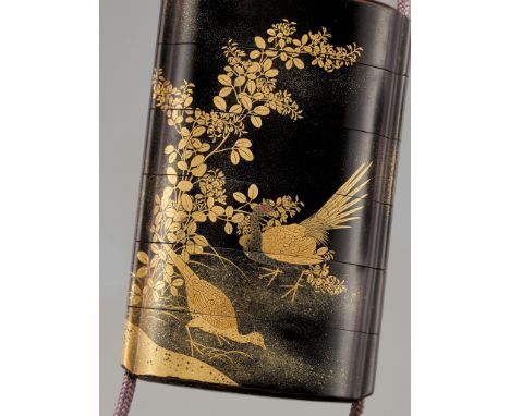 A FINE TOGIDASHI FIVE-CASE INRO DEPICTING PHEASANTS AND TURTLE DOVESUnsignedJapan, late 18th century, Edo period (1615-1868)O