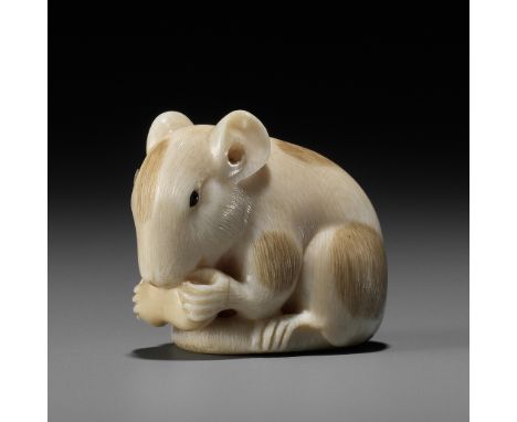 RANICHI: A FINE IVORY NETSUKE OF A PIEBALD RAT EATING A PEANUTBy Ranichi, signed Ranichi 蘭一Japan, Kyoto, early 19th century, 