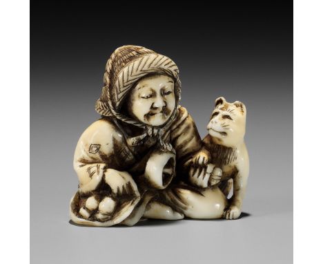 MINKOKU: A RARE MARINE IVORY NETSUKE OF AN OLD MAN WITH A FOXBy Shuyusai Minkoku (Minkoku III), signed Minkoku 民谷Japan, Edo (