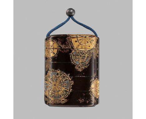 A RARE FOUR-CASE LACQUER INRO WITH DHARMA WHEELS, HORINUnsignedJapan, 17th century, Edo period (1615-1868)Of upright rectangu