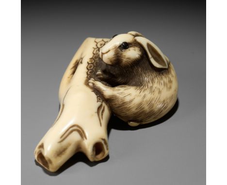 A SUPERB OSAKA SCHOOL IVORY NETSUKE OF A RABBIT WITH TREE BRANCHUnsignedJapan, Osaka, late 18th to early 19th century, Edo pe