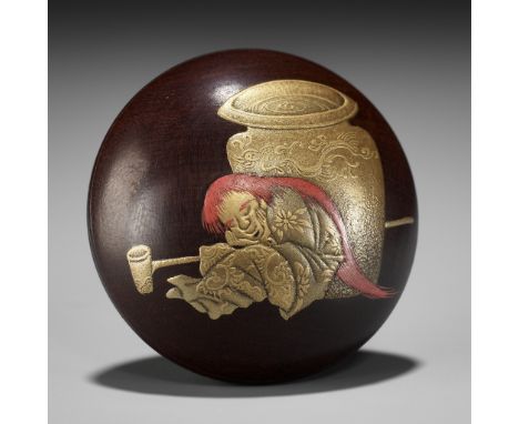 FUKAGAWASAI: A FINE LACQUER MANJU NETSUKE DEPICTING SHOJO WITH A SAKE JAR AND SAUCERSigned Fukagawasai (Shinsensai) 深川斉 Japan