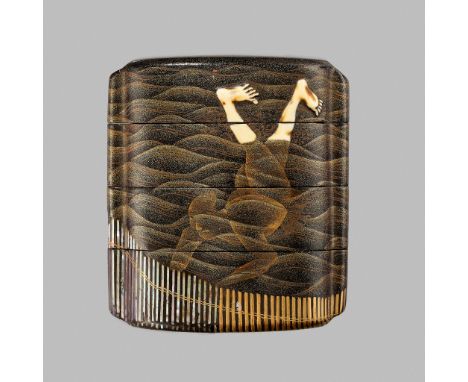 A SUPERB INLAID THREE-CASE LACQUER INRO DEPICTING DIVING FISHERMENUnsignedJapan, 19th centuryOf rectangular form and oval sec