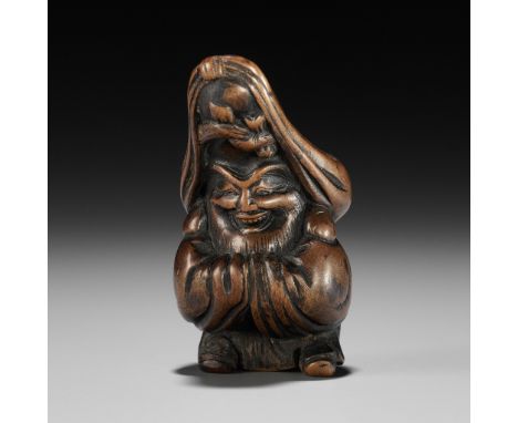 MASATOMO: A WOOD NETSUKE OF FUKUROKUJUBy Masatomo, signed Masatomo 正友Japan, c. 1800, Edo period (1615-1868)The God of Longevi