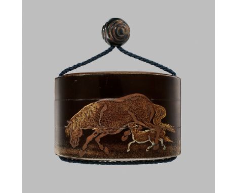 KANSHOSAI TOYO: A SUPERB TWO-CASE LACQUER INRO WITH HORSES AND BLOSSOMING CHERRY TREEBy Kanshosai Toyo (Iizuka Toyo I) or a c