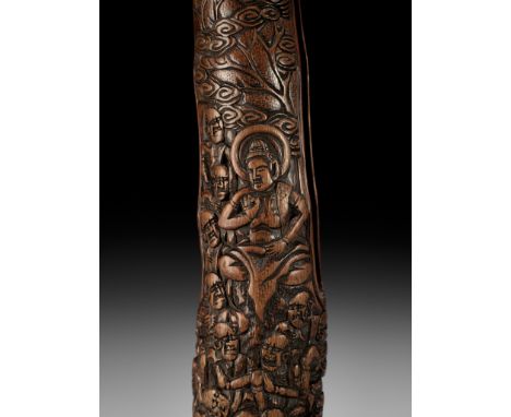 ZOKOKU: A REMARKABLE WARIZUTSU BAMBOO KISERUZUTSU DEPICTING RAKAN AND BUDDHABy Zokoku, signed Zokoku 象谷 to 刀Japan, 18th centu