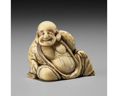 A KYOTO SCHOOL IVORY NETSUKE OF HOTEIUnsignedJapan, Kyoto, late 18th century, Edo period (1615-1868)Of typical triangular sec