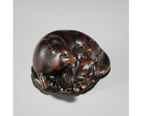 HOKKYO SESSAI: A FINE NAGOYA SCHOOL WOOD NETSUKE OF A FUKURONEZUMI (OPOSSUM)Signed Hokkyo Sessai, signed Hokkyo Unsai 法橋 雪斎 t