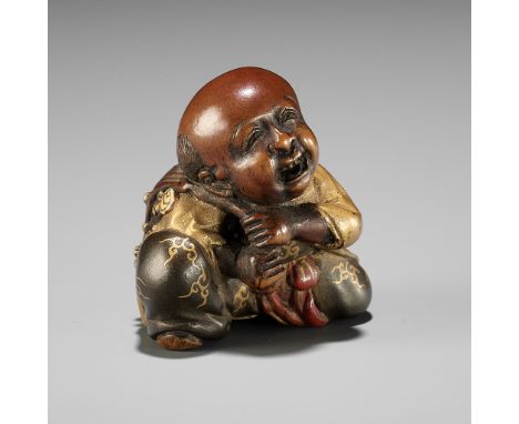 A TOKYO SCHOOL INLAID WOOD AND LACQUER NETSUKE OF A BOYUnsignedJapan, Edo/Tokyo, second half of the 19th centuryFinely carved