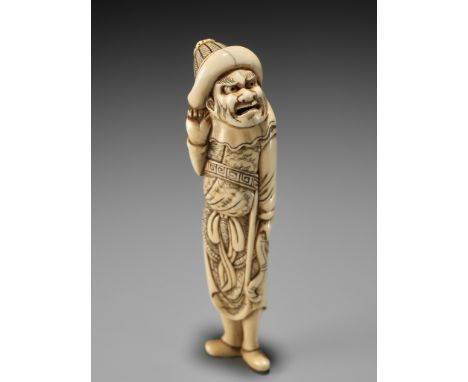 A GOOD TALL IVORY NETSUKE OF A TARTAR ARCHERUnsignedJapan, late 18th century, Edo period (1615-1868)Finely carved standing wi