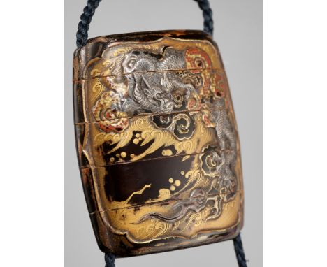 A FINE SILVER-INLAID FOUR-CASE LACQUER INRO DEPICTING A TIGER AND DRAGONUnsignedJapan, late 17th century, Edo period (1605-18