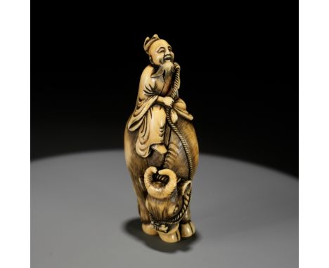 A FINE IVORY NETSUKE OF ROSHI ON AN OXUnsignedJapan, 18th century, Edo period (1615-1868)The ox meekly standing foursquare, i