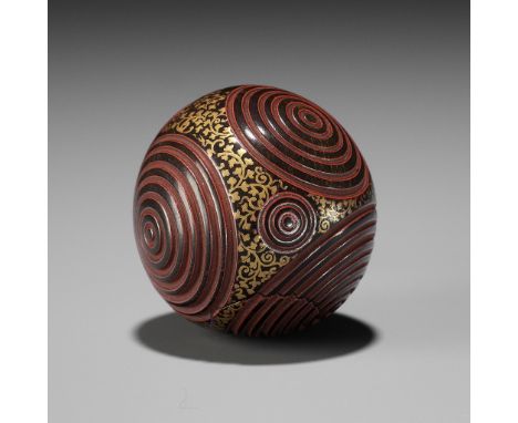 A RARE KEMARI-SHAPED LACQUER NETSUKEUnsignedJapan, 18th-19th century, Edo period (1615-1868)Of spherical kemari shape, bearin