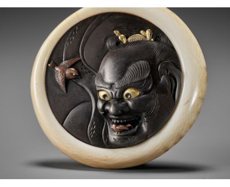 AN IVORY AND MIXED METAL KAGAMIBUTA WITH NIO GUARDIAN AND NESTING SPARROWSUnsignedJapan, c. 1860The shibuichi disc worked in 