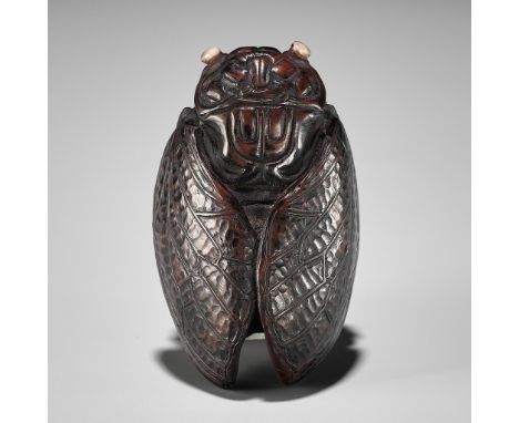 MICHAEL WEBB: A WOOD NETSUKE OF A CICADA ON DRIFTWOOD, DATED 1996By Michael Webb (1934-2009), signed with artist's monogram '