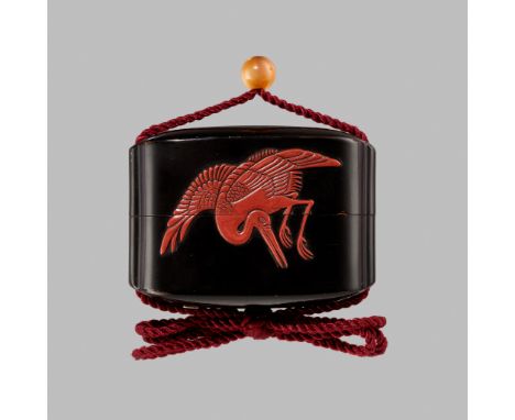 SOSHU: A FINE TSUISHU AND SHIBAYAMA INLAID SINGLE-CASE INRO DEPICTING A CRANE AND PEACHBy Soshu (Munemori), signed Soshu 宗守Ja
