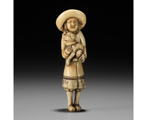 A GOOD IVORY NETSUKE OF A DUTCHMAN WITH DOGUnsignedJapan, late 18th century to early 19th century, Edo period (1615-1868)Stan