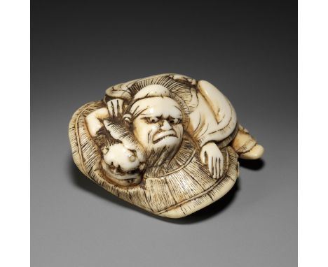 AN AMUSING OSAKA SCHOOL IVORY NETSUKE OF SHOKI CAPTURING AN ONI, ATTRIBUTED TO HIDEMASAAttributed to Hidemasa, unsignedJapan,