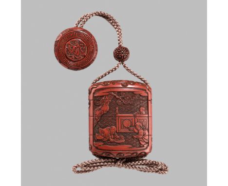 A FINE TSUISHU THREE-CASE LACQUER INRO WITH KARAKO AT PLAY, WITH EN SUITE NETSUKE AND OJIMEUnsigned Japan, 18th-19th century,