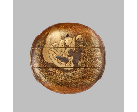 A RARE TWO-CASE LACQUER INRO DEPICTING THE IMMORTAL ROKO RIDING A MINOGAMEUnsignedJapan, 18th century, Edo period (1615-1868)