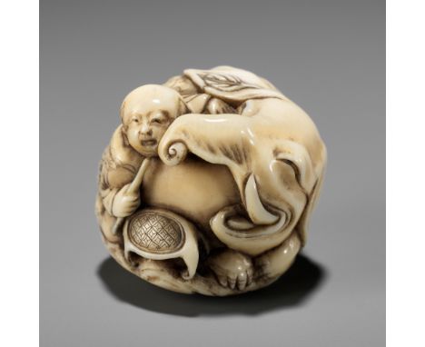 A FINE IVORY NETSUKE OF A BOY WITH AN ELEPHANTUnsignedJapan, Tokyo, late 19th centuryFinely carved in the round with a seated