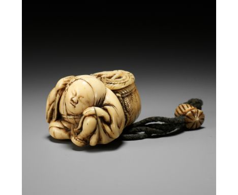 A FINE, OLD IVORY NETSUKE OF A FARMER WITH A STRAW BASKETUnsignedJapan, 18th century, Edo period (1615-1868)Finely carved in 