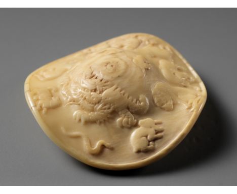 A VERY RARE MARINE IVORY JINGASA (WAR HAT) WITH THE TWELVE ANIMALS OF THE ZODIAC (JUNISHI)UnsignedJapan, 18th century, Edo pe