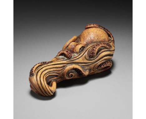 GUY SHAW: A CONTEMPORARY WOOD NETSUKE OF AN OCTOPUS, 'PHOSPHORESCENCE'By Guy Shaw (1951-2003), signed with the artist's initi