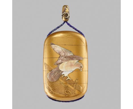 HOYU: A FINE SHIBAYAMA INLAID GOLD LACQUER FOUR-CASE INRO WITH HAWKSBy Hoyu, signed Hoyu 豊遊 saku 作Japan, second half of 19th 