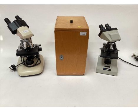 Group of microscopes and slides, including a Russian microscope in case, two Meiji telescopes, two other electronic telescope