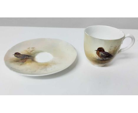 Royal Worcester cabinet cup and saucer, hand decorated with Teal, signed Jas StintonCondition report: Saucer measures 11cm di