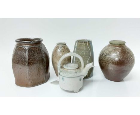 Two Michael Casson studio pottery vases, 14.5cm high and 13cm high, small teapot and a Shiela Casson studio vase, 14cm high, 