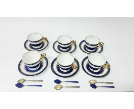 Set of six Aynsley bone china coffee cups and saucers with cobalt blue and gilt decoration with a set of six silver gilt and 