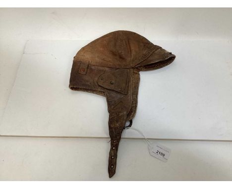Vintage Brown leather flying / motorcycle helmet, with press studs stamped- made in England.